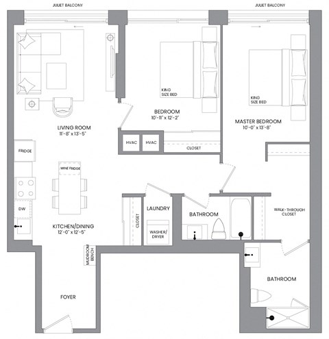 Floor plan for 2 beds, 2 baths, 1085 sqft